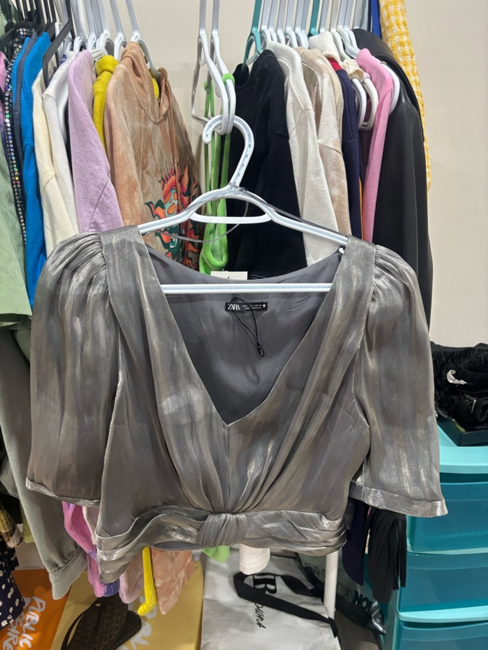 ZARA Metallic Pewter V-Neck Cropped Blouse